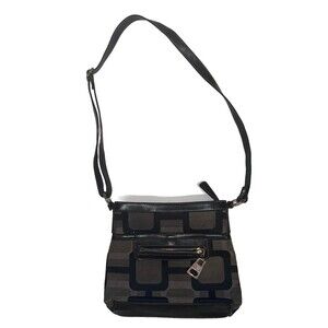 Nine West Shoulder Bag Black Brown Canvas Geometric Pattern Square Purse